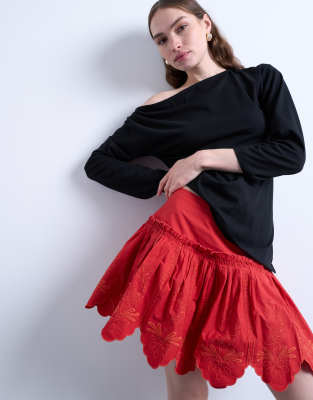 Topshop Cutwork Scalloped Edge Mini Skirt In Red