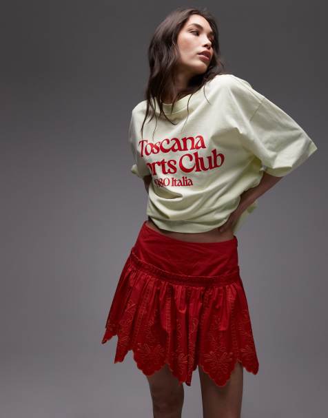 Topshop cutwork scalloped edge mini skirt in red - view 1