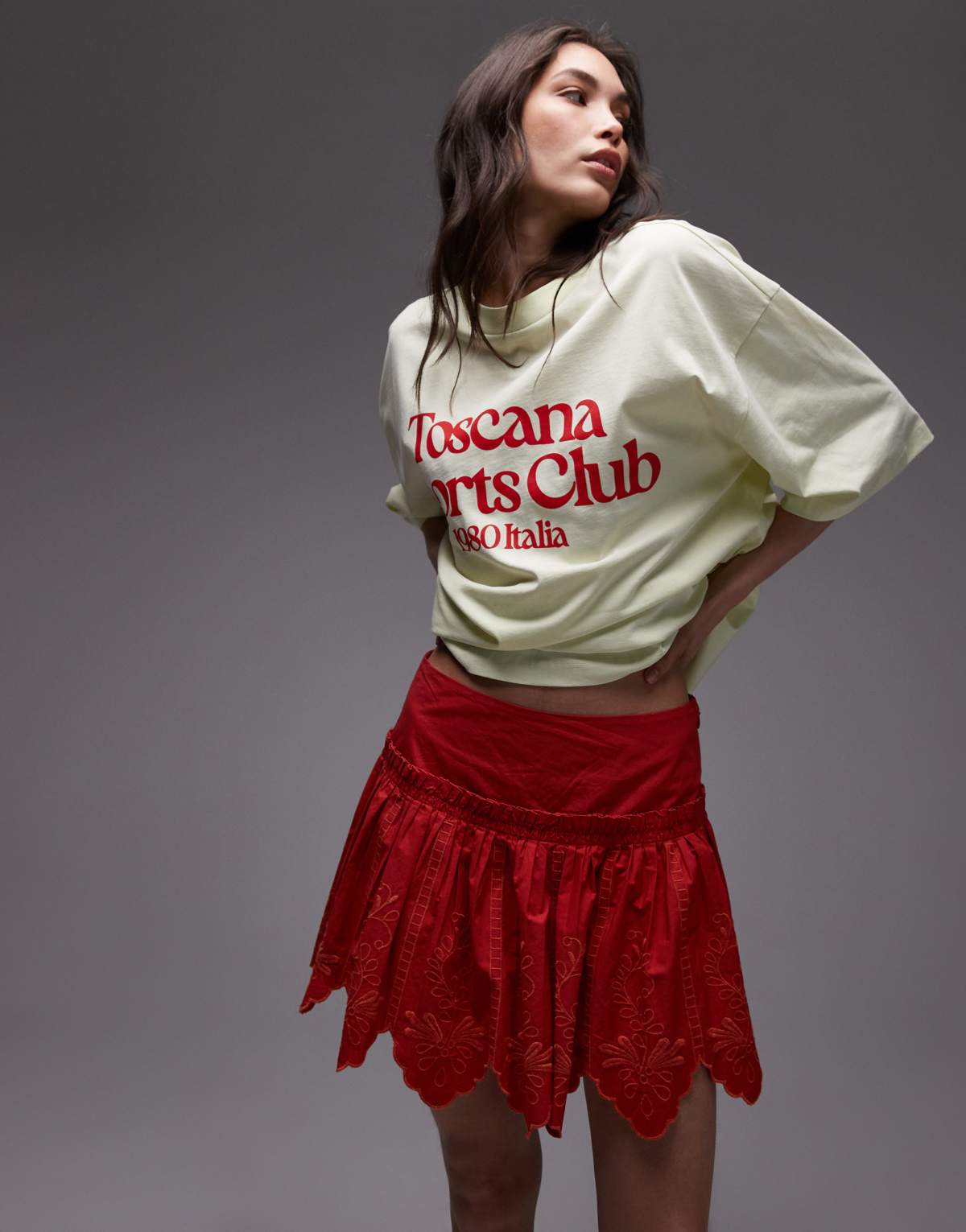 Topshop cutwork scalloped edge mini skirt in red