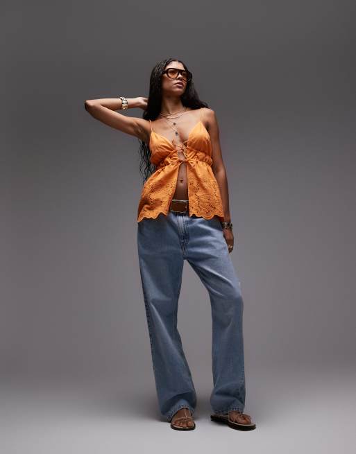 Topshop cutwork tiered tie front cami in orange, 2 of 4