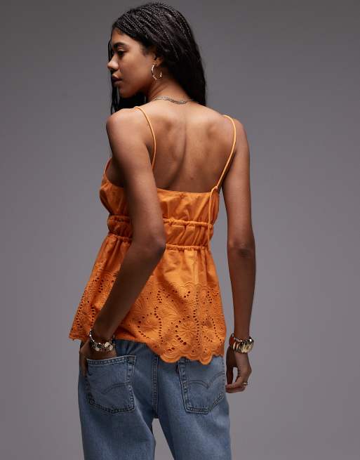 Topshop cutwork tiered tie front cami in orange, 4 of 4