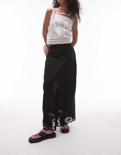 Topshop cutwork trim midi skirt in black - view 1