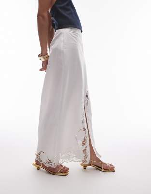 cutwork trim midi skirt in white