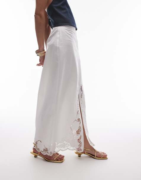 Topshop cutwork trim midi skirt in white - view 1