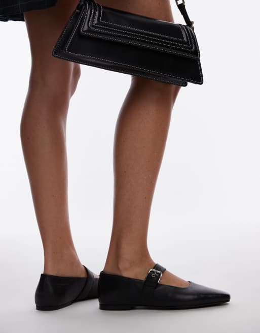 Topshop Cyndi leather square toe ballet flats with buckle