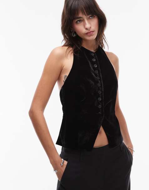 Topshop velvet button up waistcoat in black