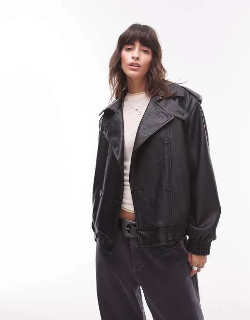 Topshop – Czarna bomberka oversize typu bombka z imitacji skóry
