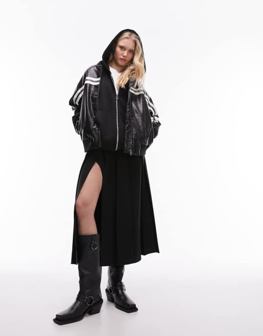 Topshop – Czarna bomberka z imitacji skóry z paskami, 4 z 4