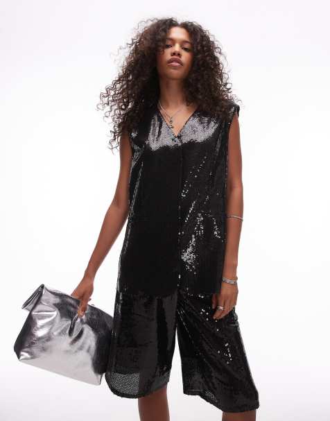 Topshop sequin co-ord waistcoat in black - BLACK
