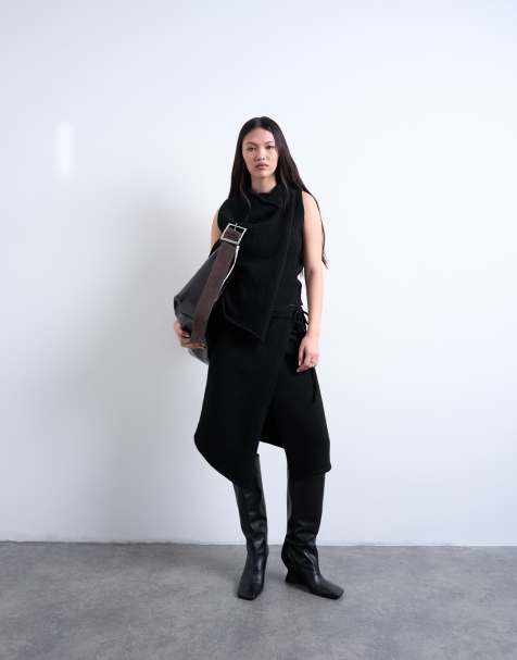 Topshop knitted asymmetric wrap skirt co-ord in black