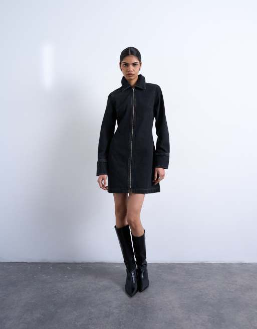 Topshop – Czarna jeansowa sukienka mini z długimi rękawami, zapięciem na zamek i efektem sprania