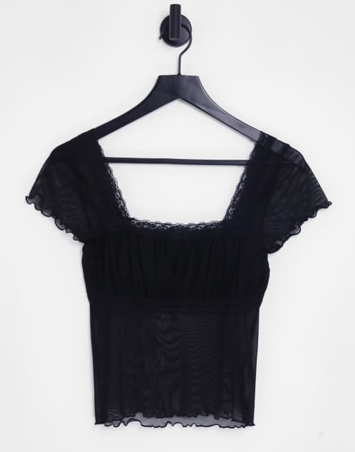Topshop – Czarna koszulka z siateczki z koronkowym wykończeniem