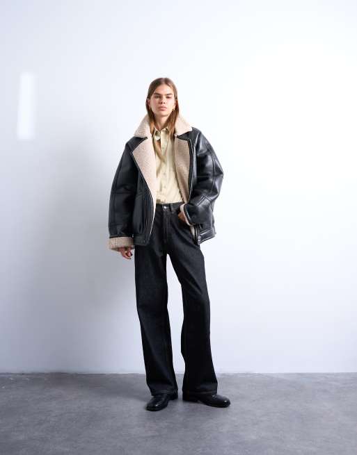 Topshop – Czarna kurtka bomberka typu pilotka o kroju super oversize z imitacji skóry owczej z efektem sprania w stylu vintage, 4 z 4
