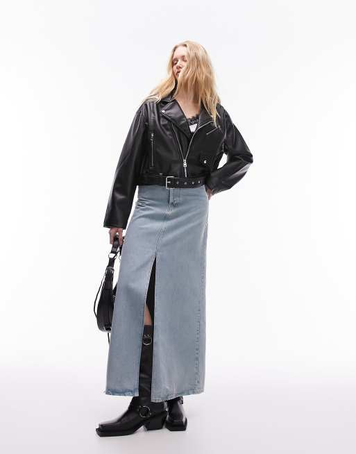 Topshop – Czarna kurtka motocyklowa o krótkim fasonie z imitacji skóry