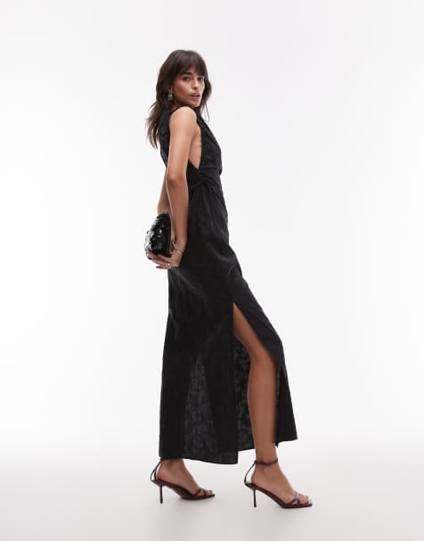 Topshop slash neck ruched side maxi dress in black jacquard