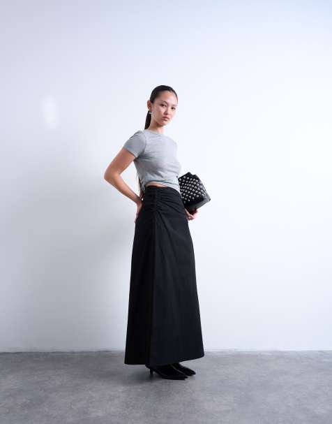 Topshop ruched asymmetric midi skirt in black 