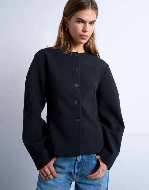 Topshop ovoid sleeve blazer top in black