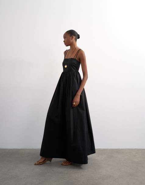 Topshop – Czarna obszerna popelinowa sukienka maxi z paseczkami na plecach - view 1
