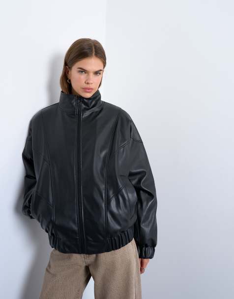 Topshop faux leather funnel padded seam detail bomber jacket in black