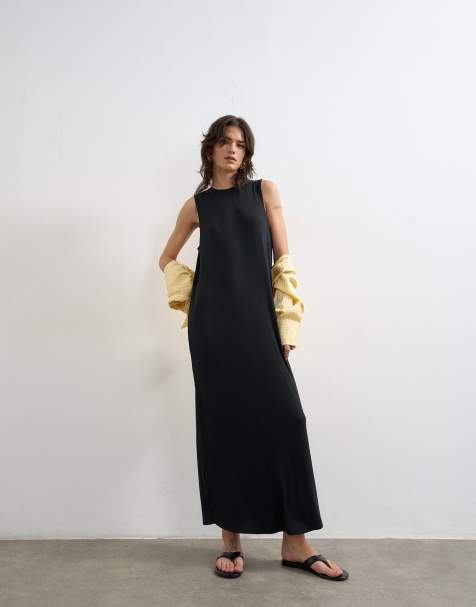 Topshop – Czarna prążkowana sukienka maxi z obniżoną linią pach - view 1