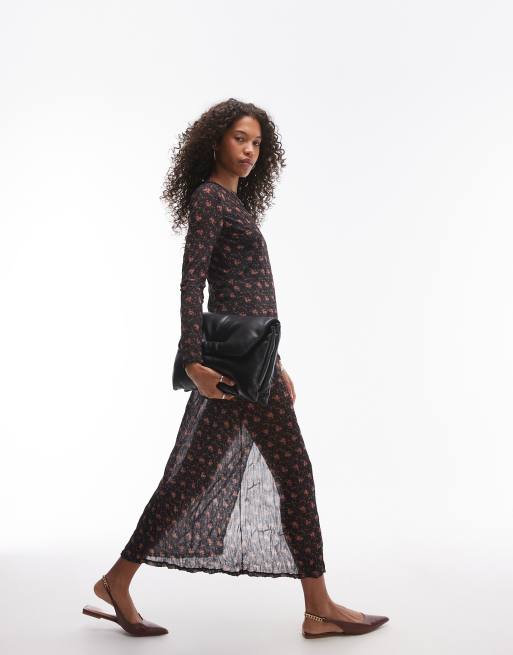 Topshop – Czarna prześwitująca gnieciona sukienka maxi z okrągłym dekoltem w różowy drobny wzór