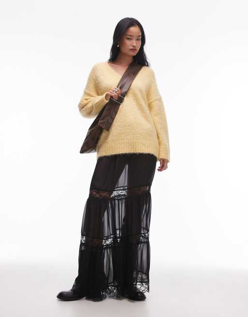 Topshop – Czarna prześwitująca spódnica maxi z koronkowymi wstawkami, 2 z 5