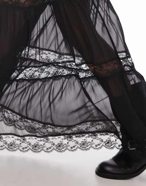 Topshop – Czarna prześwitująca spódnica maxi z koronkowymi wstawkami, 3 z 5