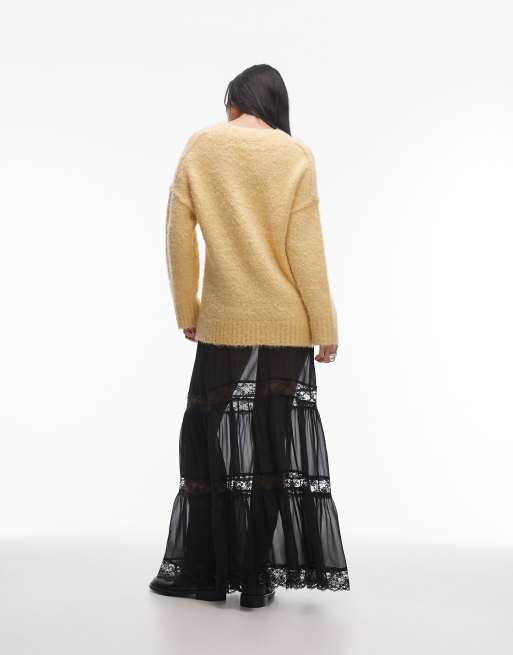Topshop – Czarna prześwitująca spódnica maxi z koronkowymi wstawkami, 4 z 5