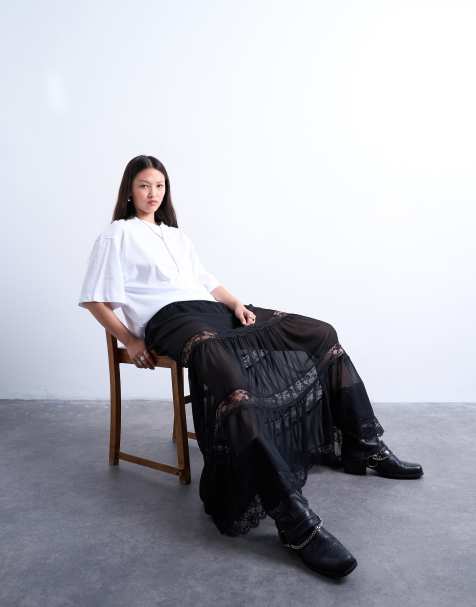 Topshop sheer maxi with lace inserts in black