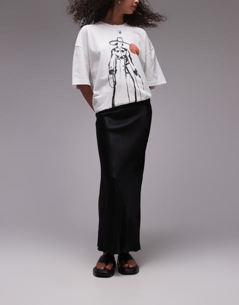 Topshop satin bias midi skirt in black