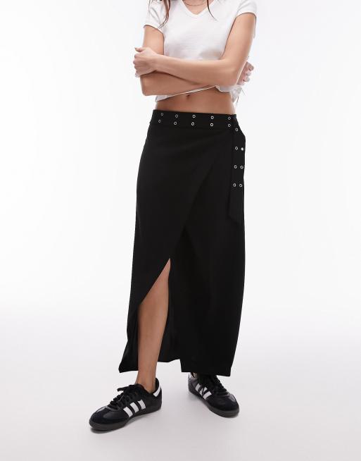 Topshop – Czarna spódnica kopertowa midi z oczkami i obniżonym stanem