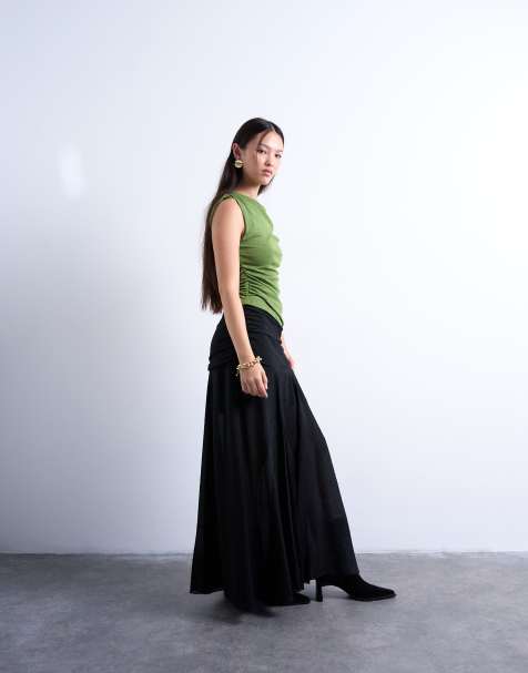 Topshop dropped waist draped fabric maxi skirt in black