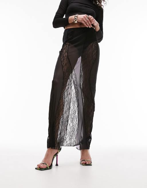 Topshop – Czarna spódnica maxi z koronki i siateczki, 2 z 4