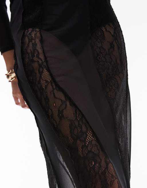 Topshop – Czarna spódnica maxi z koronki i siateczki, 4 z 4