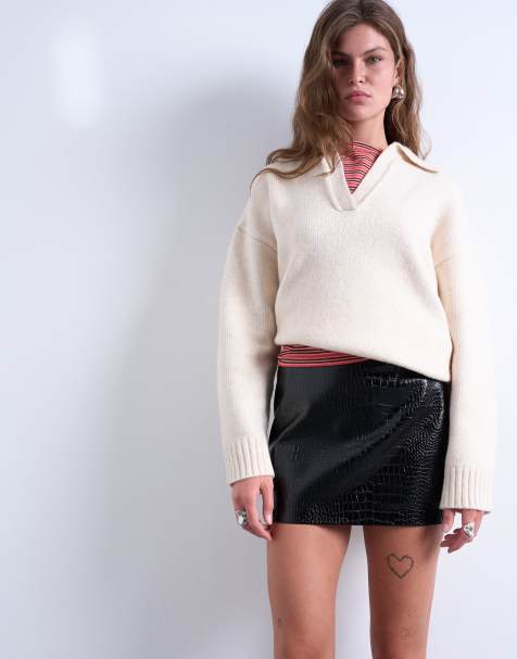 Topshop seamed detail faux leather mini in black