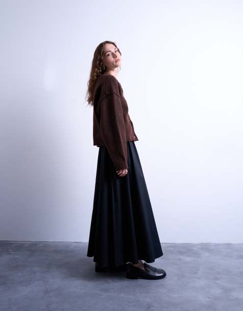 Topshop heavy twill full hem midi skirt in black