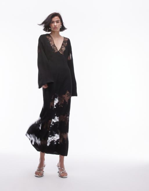 Topshop – Czarna sukienka maxi premium z dekoltem w szpic i koronkową wstawką