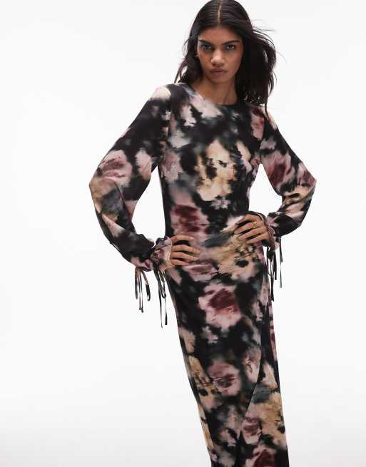 Topshop – Czarna sukienka maxi z balonowymi rękawami z wiązaniami w kwiatowy wzór