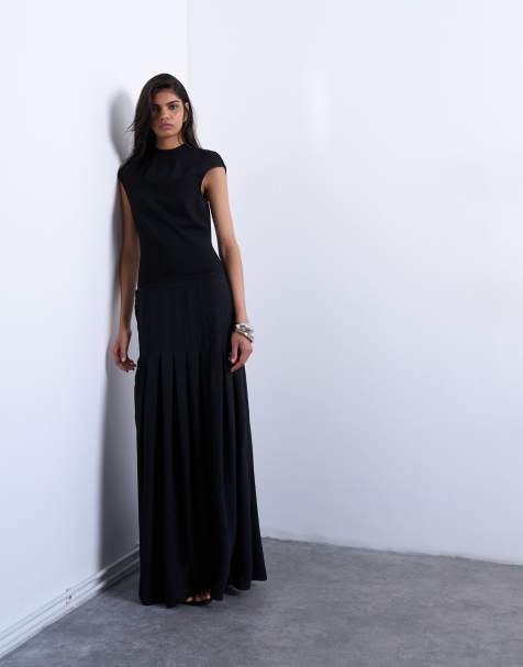 Topshop box pleat skirt dropped waist maxi dress in black