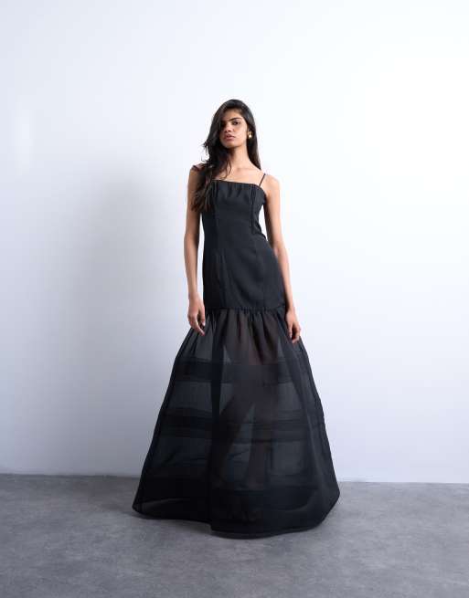 Topshop – Czarna sukienka maxi z przezroczystą, warstwową spódnicą o obszernym kroju