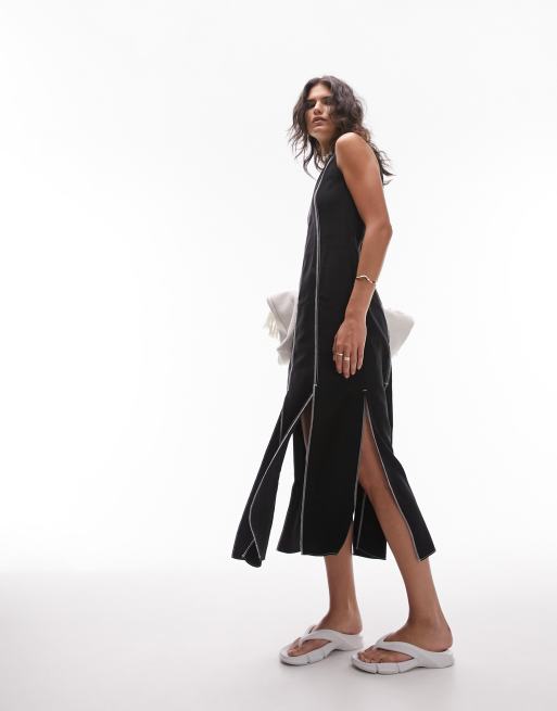 Topshop – Czarna sukienka midi bez rękawów z kontrastowymi szwami i rozcięciami