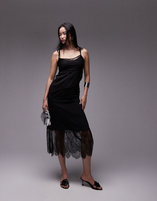 Topshop – Czarna sukienka midi premium z koronkową wstawką z dekoltem w kształcie U i zdejmowaną podszewką