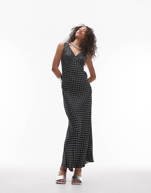 Topshop – Czarna sukienka midi w groszki na ramiączkach z dekoltem w kształcie litery V