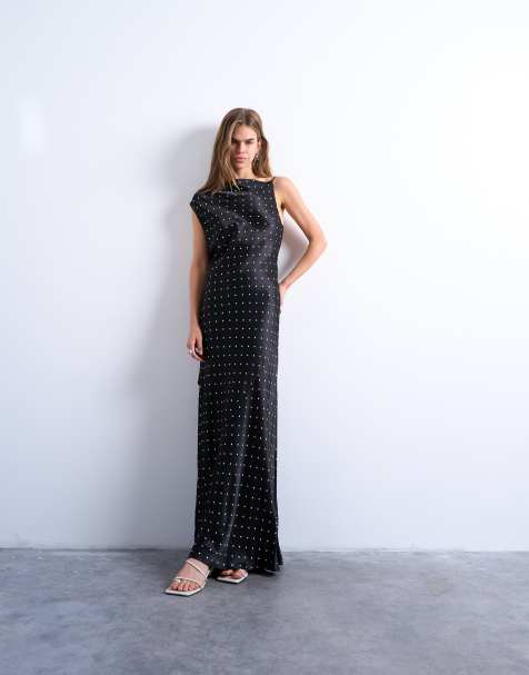 Topshop – Czarna sukienka midi w groszki z marszczeniem z boku i drapowaniem na plecach - view 1