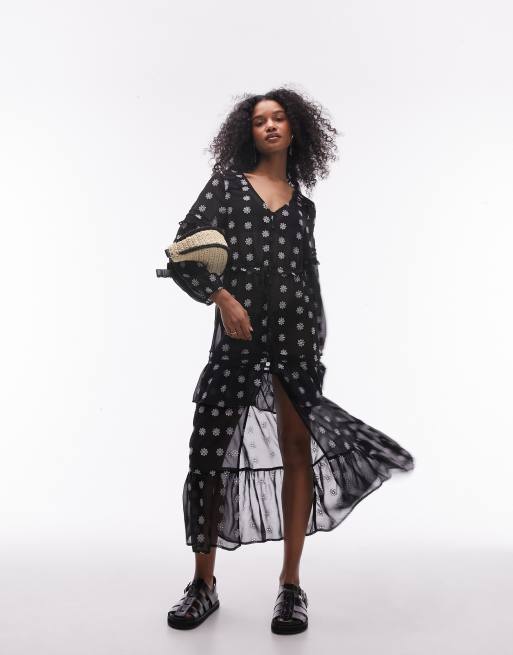 Topshop – Czarna sukienka plażowa maxi z haftowanym wzorem