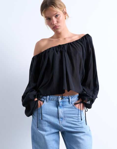 Topshop – Czarna wiązana bluzka trapezowa z długimi rękawami - view 1