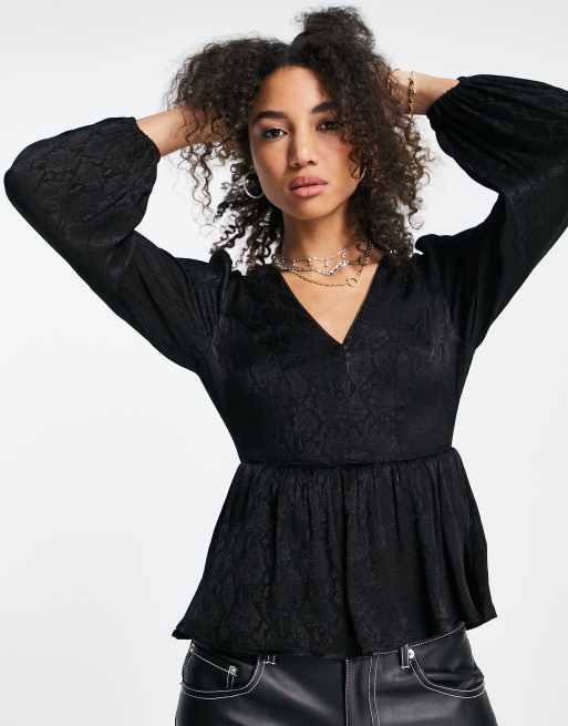 Topshop – Czarna żakardowa bluzka z baskinką