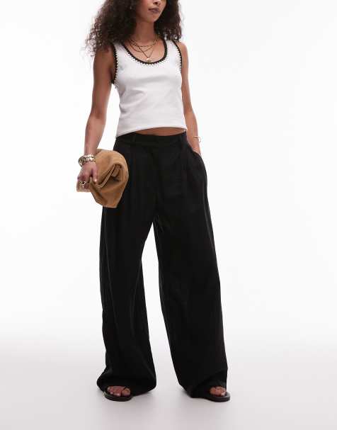 Topshop linen high waist double pleat trouser in black
