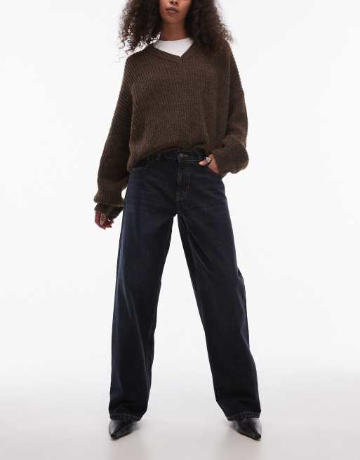 Topshop – Czarne luźne jeansy z obniżonym stanem i regulowaną talią 