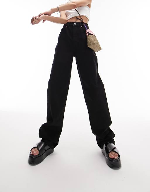 Topshop – Czarne mom jeans oversize z efektem sprania